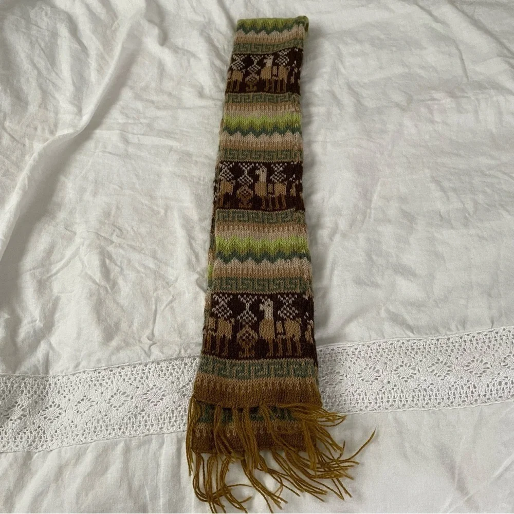 Llama Alpaca Print Scarf Wool Blend Green Brown